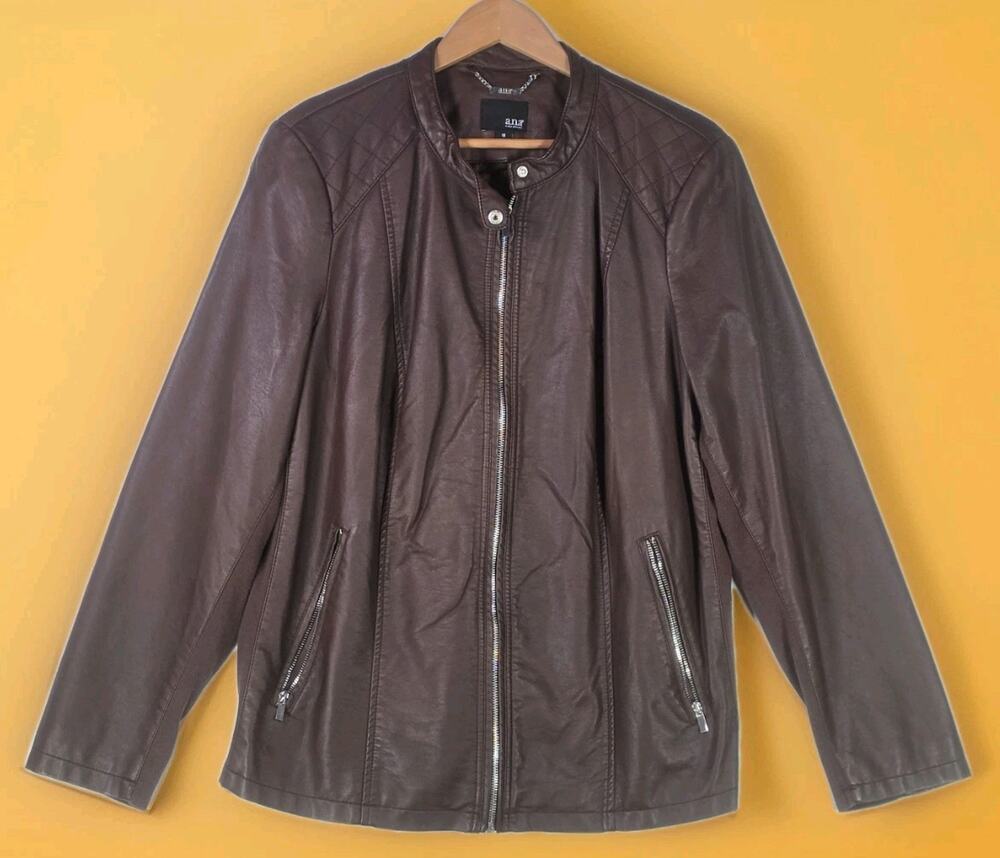 a.n.a Faux Leather Moto Jacket Women's 1X Brown Motorcycle Coat Stretch Sides